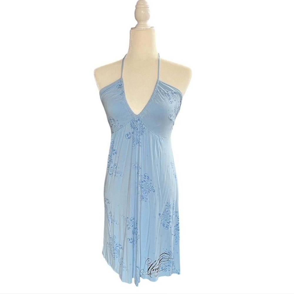 Y2K Unit 8 blue babydoll dress with floral print and adjustable tie straps